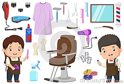 Cute kids cartoon with hairdresser equipment Vector Illustration