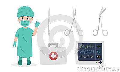 Surgeon doctor clipart cartoon style. Surgeon with surgical equipments flat vector illustration Vector Illustration