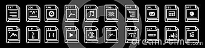 file extensions diverse icons set - A set of computer files and software icons stock vector for design on black background Vector Illustration