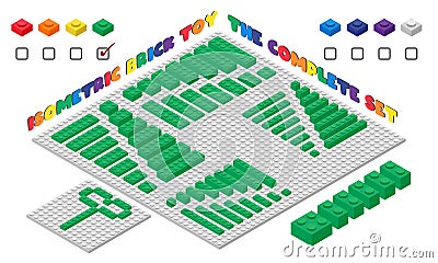 The complete set of GREEN 3d children brick toy in isometric style. Plastic building blocks toy vector illustration Vector Illustration