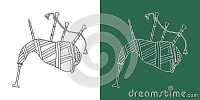Bagpipes line drawing cartoon. Musical instrument Scottish bagpipe clipart drawing linear style on white and chalkboard background Vector Illustration
