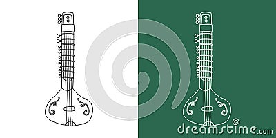 Sitar line drawing cartoon. Indian string instrument sitar clipart drawing linear style on white and chalkboard background Vector Illustration