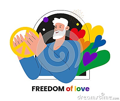 Man with a peace symbol and LGBT colored hearts. Flat vector Pride month illustrations of free love and peace Vector Illustration