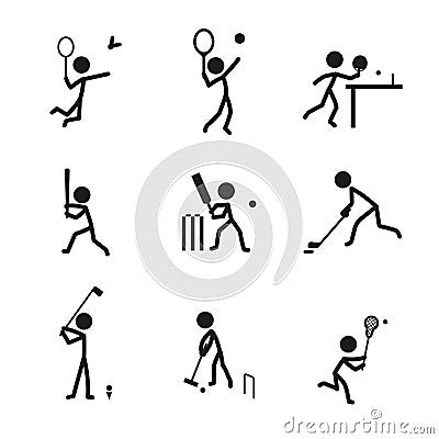 Racquet sports icon pictogram vector set. Stick figure men sports players vector icon sign symbol. Badminton, tennis, baseball Vector Illustration