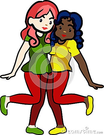 White and Black Girl Friendship Vector Vector Illustration