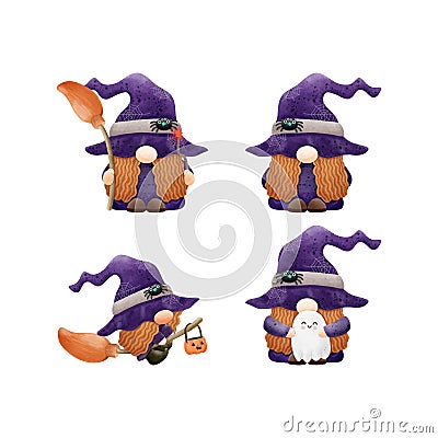 Set of collection Watercolor cute gnomes happy Halloween party group gnomes vector illustration on white background Vector Illustration