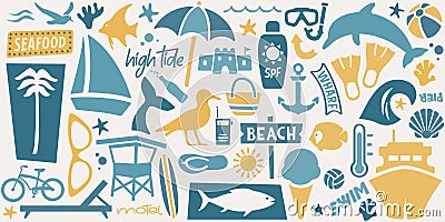 Retro Beach Icons and Symbols, Summer Vacation Illustration, Coastal Design in Nautical Colors Vector Illustration