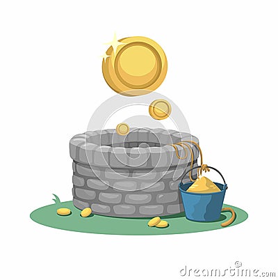 Wishing Well Full Of Gold Coin Cartoon illustration Vector Vector Illustration