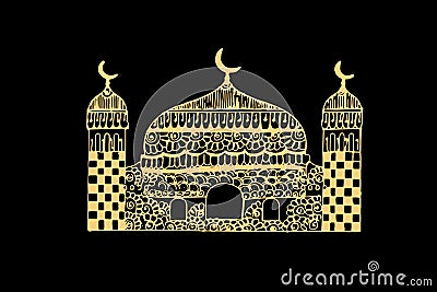 Zentangle art for Muslim Musjid with gold color isolated on dark black background - vector Vector Illustration