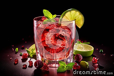 Red cocktail with ice cubes, lime and water splash Stock Photo