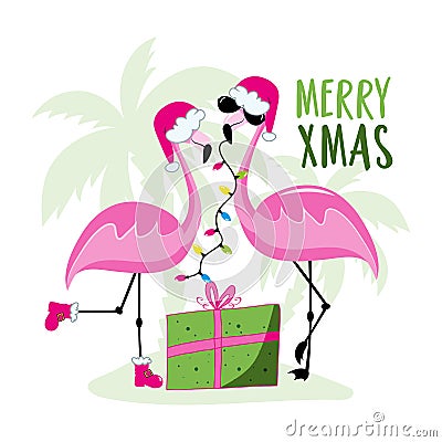 Merry Xmas - funny flamingos in santa hat with Christmas present in island. Vector Illustration