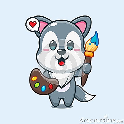 cute wolf painter cartoon vector illustration. Vector Illustration