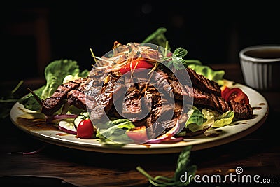 Healthy food, clean eating. Salad beef steaks, lettuce, arugula.GenerativeAI. Stock Photo