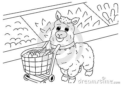Colouring book for kid sheep in the market illustration Vector Illustration