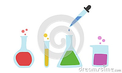 Set of Chemistry bottles clipart. Rounded bottom flash, tube, conical flask, beaker, dropper flat vector illustration cartoon Vector Illustration