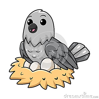 Cute northern mockingbird cartoon with eggs in the nest Vector Illustration
