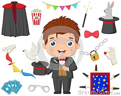 Cute magician kid with magic elements collection Vector Illustration