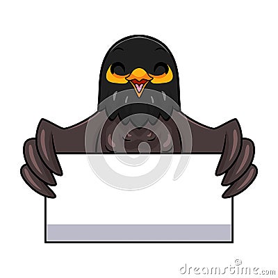 Cute myna bird cartoon holding blank sign Vector Illustration