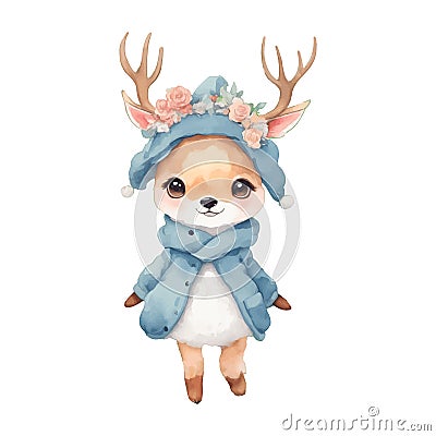 kawaii cute little deer watercolor wearing vintage winter costume merry christmas and happy new year on white background Vector Illustration