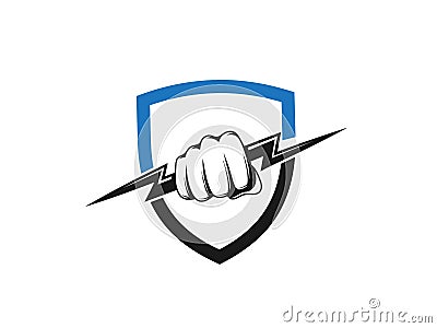 Creative hand power vector logo with shield. Power logo. Fist hand power logo. Fist male hand vector. Energy Vector Illustration