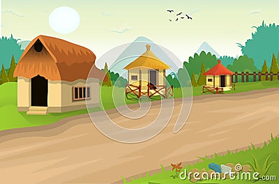 Lovely nature landscape village evening illustration, with stylish flat design, trees, banner and field cartoon background Vector Illustration