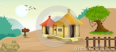 Lovely nature landscape village on a hill evening illustration, with stylish flat design Vector Illustration