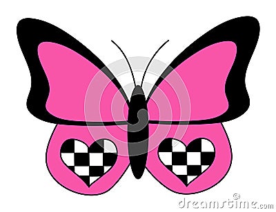 Emo goth butterfly with chessboard hearts. Glamour trendy 2000s aesthetic. Black and pink. Psychedelic Y2k Vector Illustration