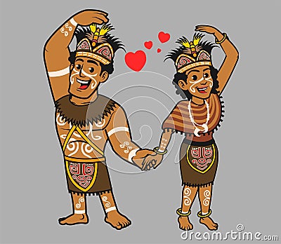 Indonesian Native Papua in Traditional Dress Cartoon Illustration