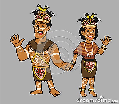 Indonesian Native Papua in Traditional Dress Cartoon Illustration