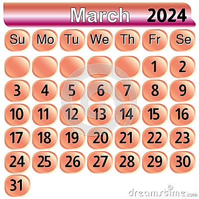 March month 2024 calendar in pink color Vector Illustration