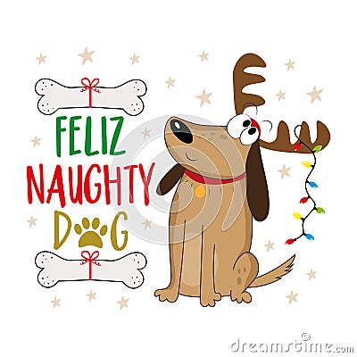 Feliz naughty dog - cute dog in reindeer antler and with bone. Vector Illustration