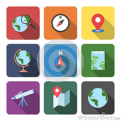 Vector set of Geography icons flat style with long shadow. Earth globe, compass, location, direction, telescope, atlas map vector Vector Illustration