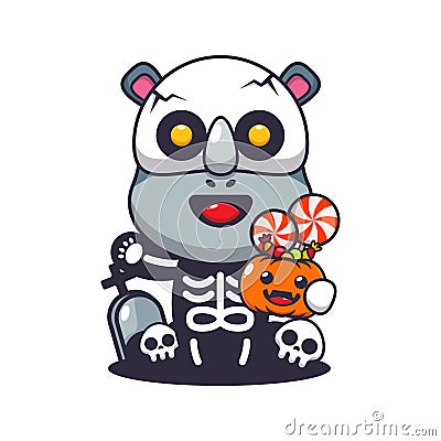 Cute rhino with skeleton costume holding halloween pumpkin. Vector Illustration