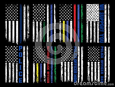 USA Cops Blue Line Grunge Police Flag T-shirt Design. American Cops T-Shirt, grunge USA flag set Vector Illustration