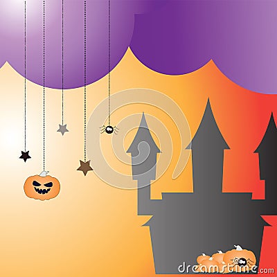 Halloween vector theme - pumpkins, scary spider, castle and stars Vector Illustration