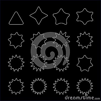 stars set: black color assets for Christmas stars, festival celebrations, web or game design, and app icons.Vector basic shapes. Vector Illustration