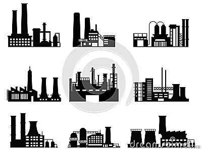 Set of Industry business buildings. Industrial warehouse, manufacturing factory and factories exterior silhouettes Vector Illustration