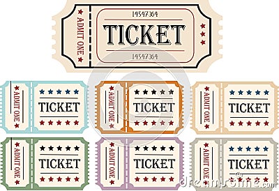 Retro tickets. Vintage cinema ticket concert and festival event, movie theater coupon Vector Illustration