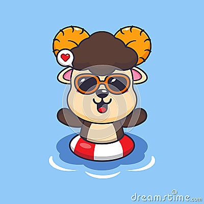 Cute ram sheep in sunglasses swimming on beach. Vector Illustration