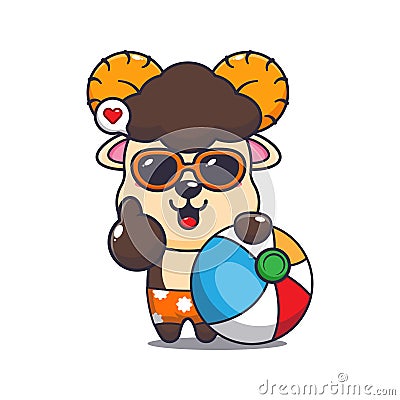 Cute ram sheep in sunglasses with beach ball cartoon illustration. Vector Illustration