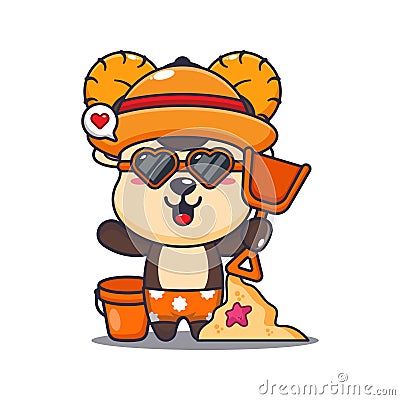 Cute ram sheep in sunglasses play sand beach cartoon illustration. Vector Illustration