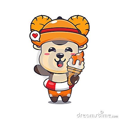 Cute ram sheep with ice cream on beach cartoon illustration. Vector Illustration