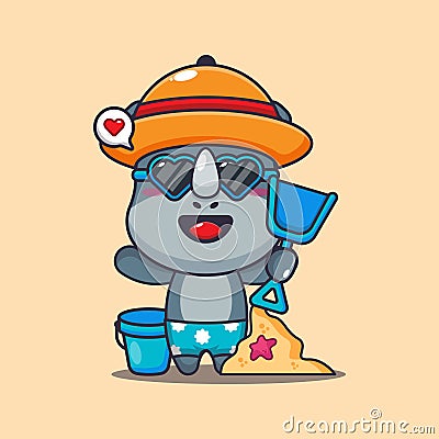 Cute rhino in sunglasses play sand beach cartoon illustration. Vector Illustration