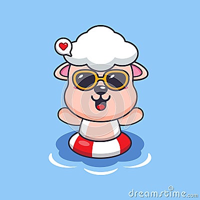 Cute sheep in sunglasses swimming on beach. Vector Illustration