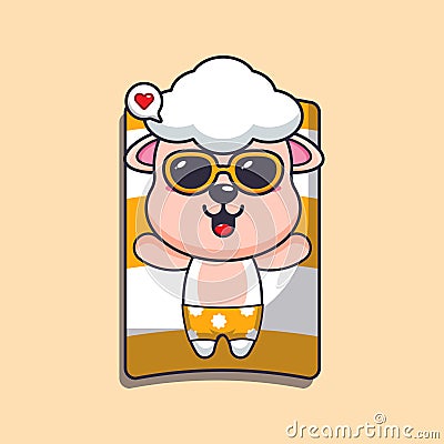 Cute sheep with sunglasses sleep on beach. Vector Illustration