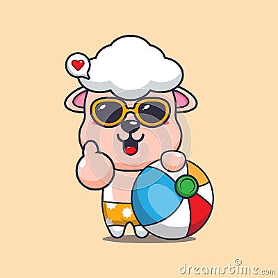 Cute sheep in sunglasses with beach ball cartoon illustration. Vector Illustration