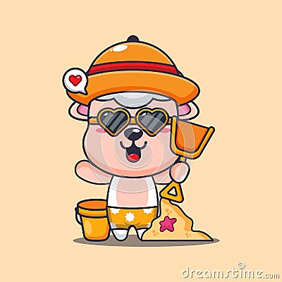 Cute sheep in sunglasses play sand beach cartoon illustration. Vector Illustration