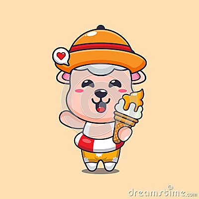 Cute sheep with ice cream on beach cartoon illustration. Vector Illustration