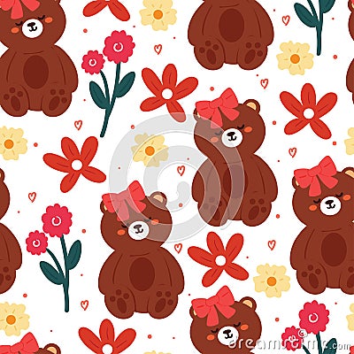 seamless pattern cartoon bears and flower Vector Illustration