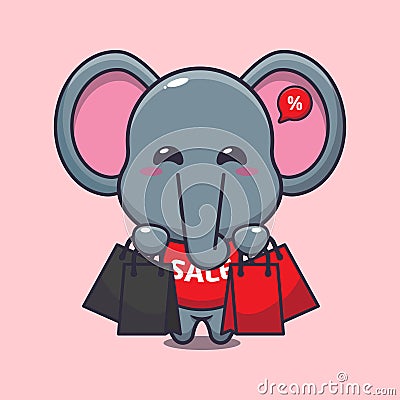 cute elephant with shopping bag in black friday sale cartoon vector illustration. Vector Illustration